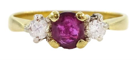 18ct gold three stone ruby and diamond ring