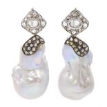 Pair of silver baroque pearl and diamond pendant earrings