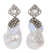 Pair of silver baroque pearl and diamond pendant earrings