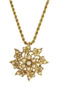 Edwardian 15ct gold pearl flower pendant / brooch