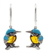 Pair of silver amber and turquoise kingfisher pendant earrings