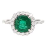 18ct white gold cushion cut emerald and round brilliant cut diamond cluster ring