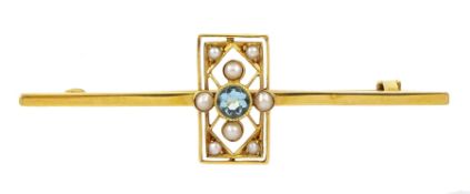 Edwardian gold blue paste stone and seed pearl bar brooch
