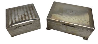 Silver engine turned rectangular cigarette box with engraved initial and bracket feet 13cm x 9cm Bir