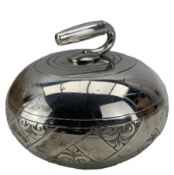 Victorian silver circular box in the form of a curling stone with hinged lid and engraved decoratio
