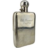 Late Victorian silver hip flask with bayonet top and gilt lined cup engraved 'Ellis Greenwood