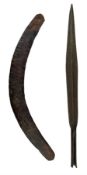 Bronze spear head with leaf decoration L62cm and a 19th century Aboriginal boomerang (2)