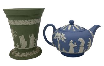 Wedgwood blue jasperware teapot and green flower vase with frog insert