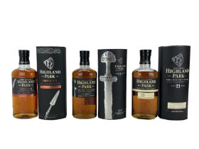 Three bottles of Highland Park single malt scotch whisky comprising The Viking Collection