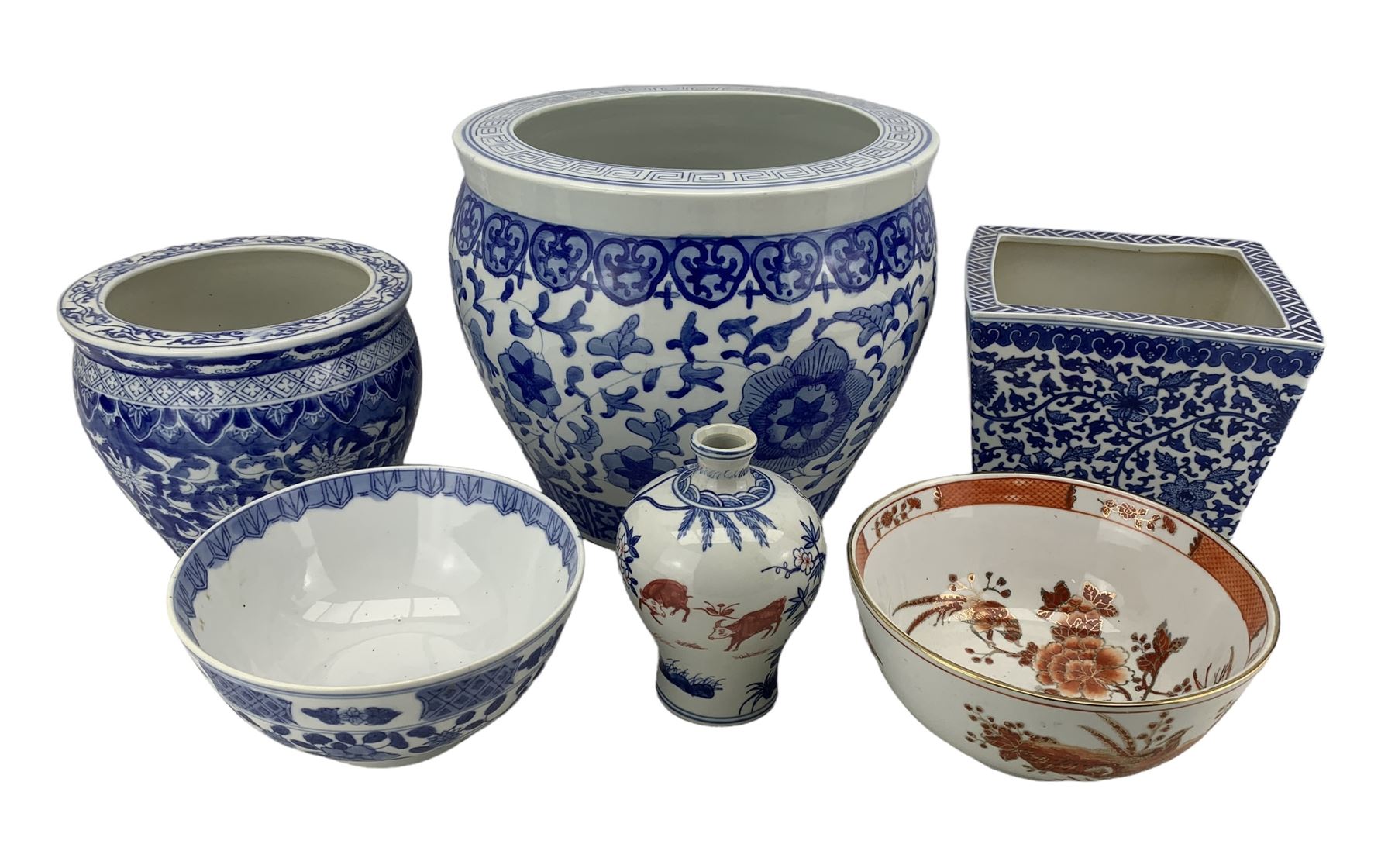 Three 20th century Chinese blue and white planters
