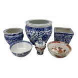 Three 20th century Chinese blue and white planters