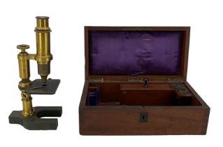 Victorian brass and black japanned microscope with accessories in original mahogany box