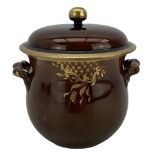 19th century Rockingham brown glaze broth pot and cover with gilt decoration