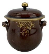 19th century Rockingham brown glaze broth pot and cover with gilt decoration
