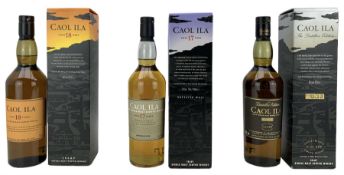 Three bottles of Caol Ila Islay single malt whisky comprising The Distillers Edition