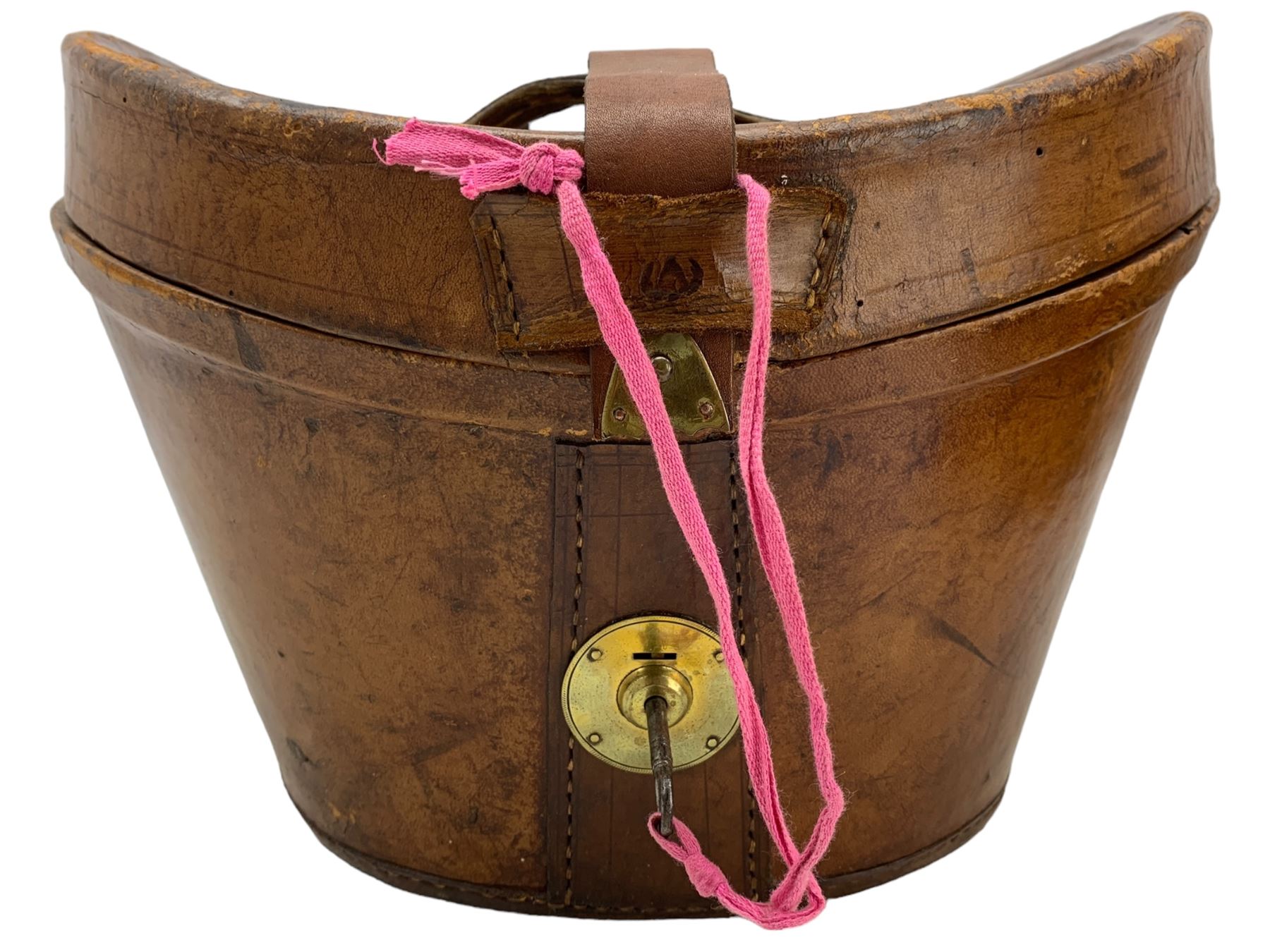 Lock & Co. top hat in tan leather hat box with brass clasp and lock - Image 6 of 8