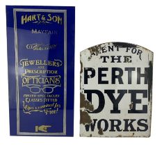 Enamel single sided sign 'Agent for the Perth Dye Works' 46cm x 34cm and a blue glass advertising pa