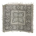 Early to mid 20th century silk shawl embroidered with silver and cream thread