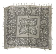 Early to mid 20th century silk shawl embroidered with silver and cream thread