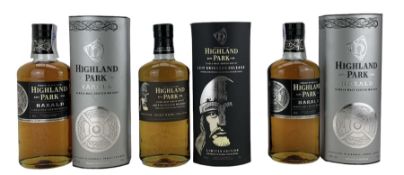 Three bottles of Highland Park single malt scotch whisky comprising Leif Eriksson Release