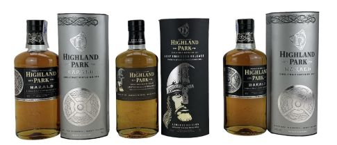 Three bottles of Highland Park single malt scotch whisky comprising Leif Eriksson Release