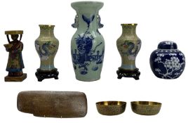 Chinese twin handled celadon ground vase