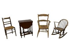 Ercol - beech rocking chair (W61cm); 20th century oak drop leaf table; beech open armchair; side cha