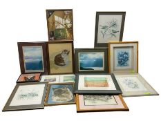 Two original watercolours signed 'Chanzigi' and 'T Saunders' together with a selection of needlework