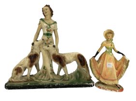 Large Art Deco painted plaster group of a woman with two borzoi hounds