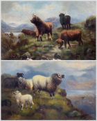 Scottish School (Late 19th century): Highland Cattle and Horned Sheep Grazing in a Hillside Loch Lan