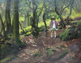 Charles H H Burleigh (British 1875-1956): Girl Walking Through the Woods