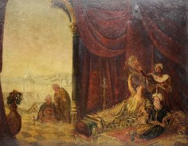 English School (19th century): Royal Figures in an Eastern Palace Overlooking Port