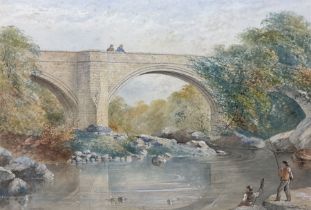 EM Edmonds (British 19th century): Anglers at Devils Bridge - Kirkby Lonsdale