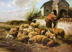 S Schuler (Continental 20th century): Sheep and Lambs Resting in a Field