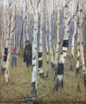 Russian School (20th century): Figures in a Silver Birch Tree Forest