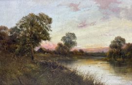 Percy King (British 19th century): Sunset over a Woodland Lake