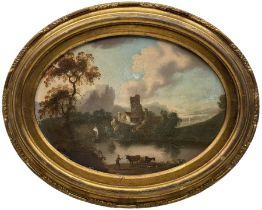 English School (19th century): Figure and Cattle by Lakeside Ruins