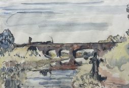 Ralph Richardson (British 1902-1983): Steam Train Travelling over a Viaduct