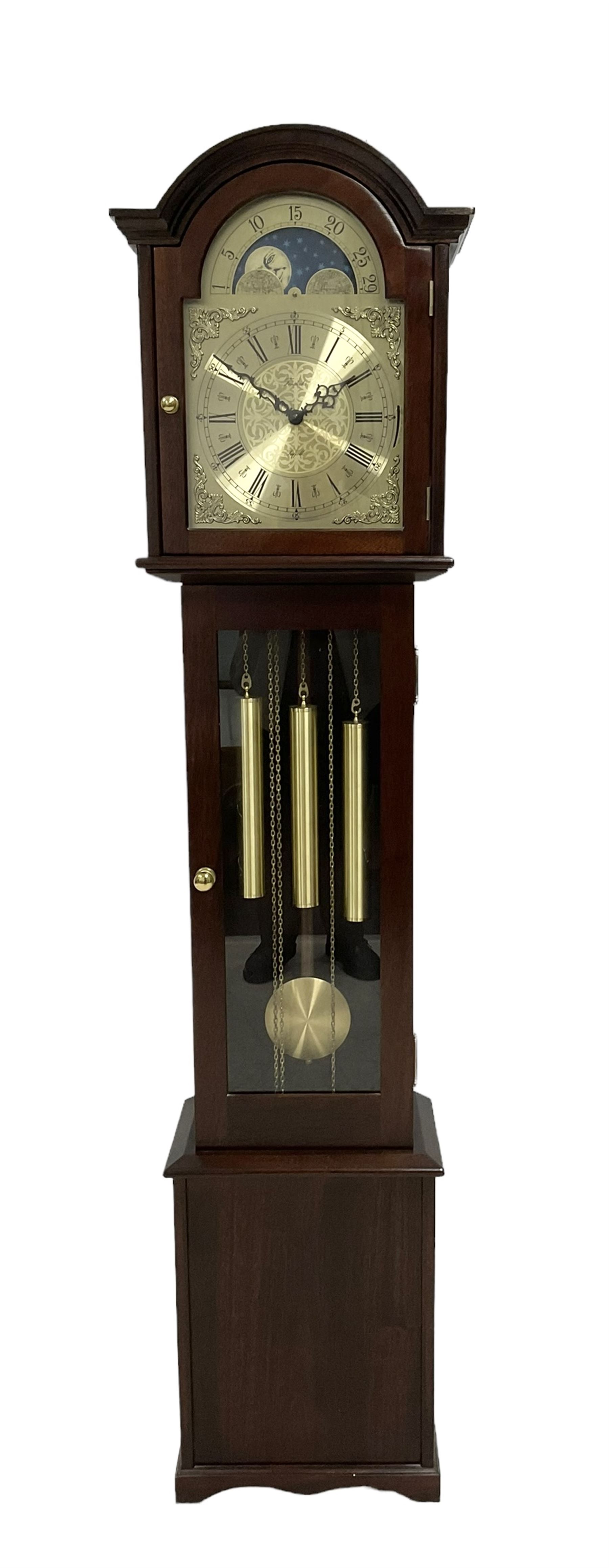20th century - weight driven 8-day mahogany grandmother clock with a swans neck pediment and fully g - Image 3 of 6
