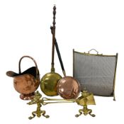 Collection of metal ware - 19th century copper fire bucket; two bed warming pans; spark screen; fire