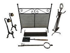 Collection of fireside accessories - fireside tools on stand (H92cm); fire dogs or andirons with ros