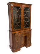 19th century figured walnut bookcase on cabinet