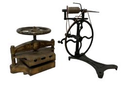 A.R.N no.2 book press (W49cm); W. Seller & sons cast iron spinning wheel (H63cm)