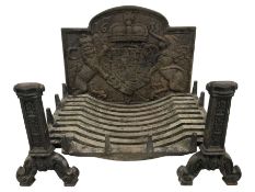 Cast iron fireback with fire basket and dogs or andirons