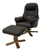 Contemporary swivel and reclining armchair upholstered in brown leather with matching footstool