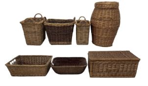 Collection of wicker ware - lidded linen bin (H72cm); graduating pair of baskets; rectangular basket