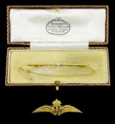 9ct gold RAF sweetheart brooch and a 15ct gold single stone diamond bar brooch
