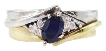 14ct white and yellow gold oval cut sapphire and cubic zirconia ring