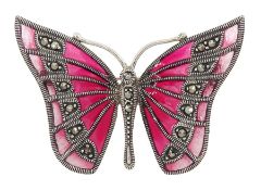 Silver pink plique-a-jour and marcasite brooch
