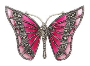 Silver pink plique-a-jour and marcasite brooch